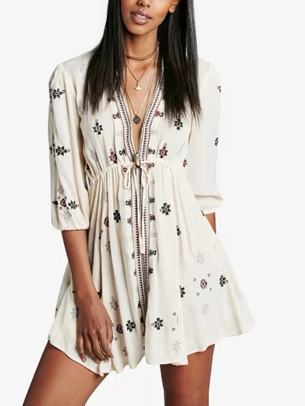 Free People Stargazer Cream Embroidered V-Neck Mini Dress Tunic Boho Festival XS
